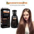 Hair growth shampoo packaging with a model displaying long hair on a white background