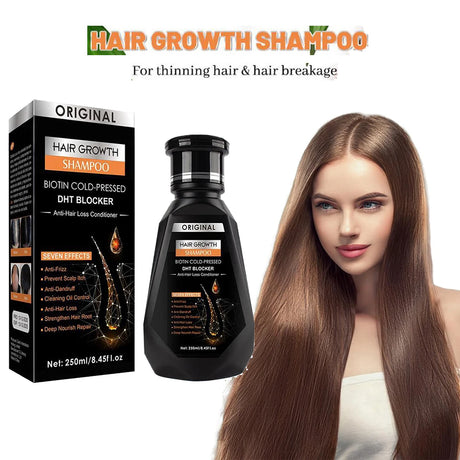 Hair growth shampoo packaging with a model displaying long hair on a white background
