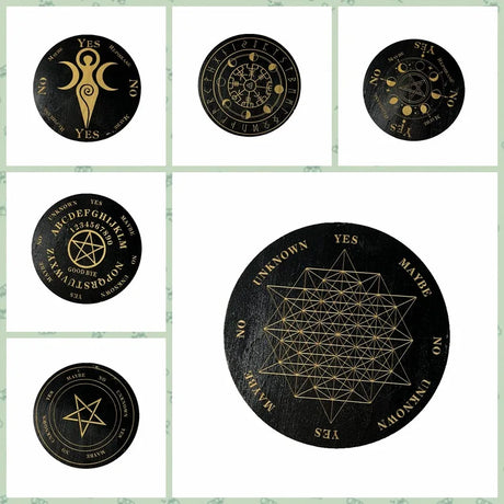 Set of black and gold circular designs with various symbols and text on a light green grid background.