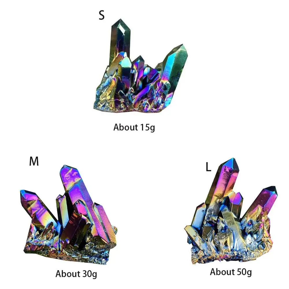 Three crystal formations with labeled weight ranges on a white background