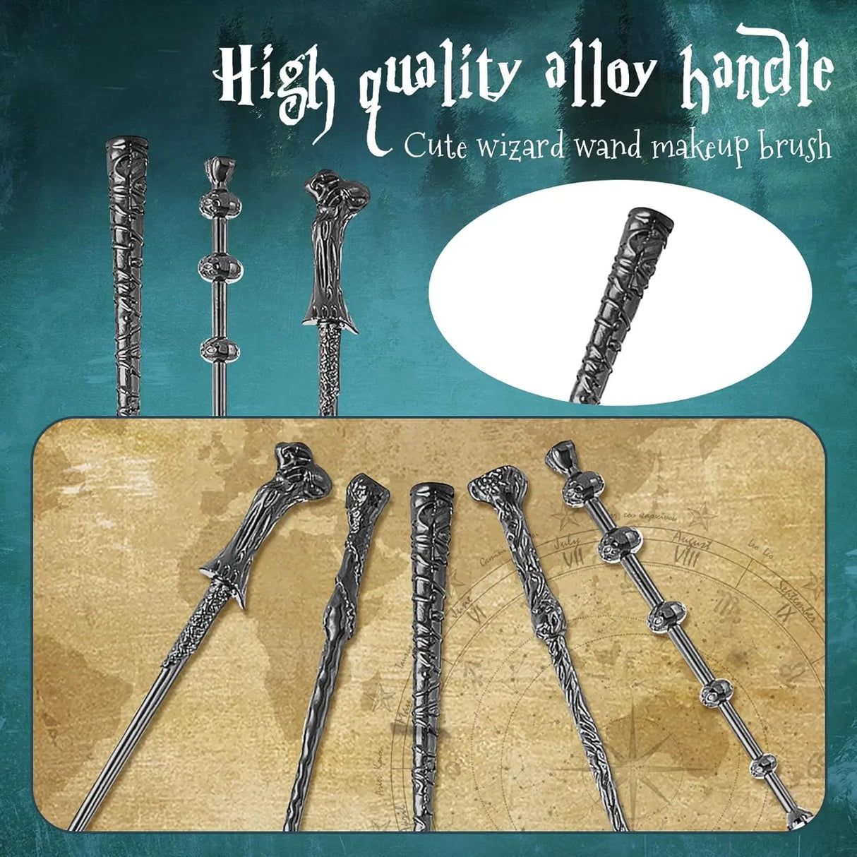 High quality alloy handle cute wizard wand makeup brush set on a textured background