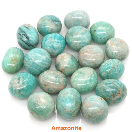 Collection of turquoise Amazonite stones on a white background
