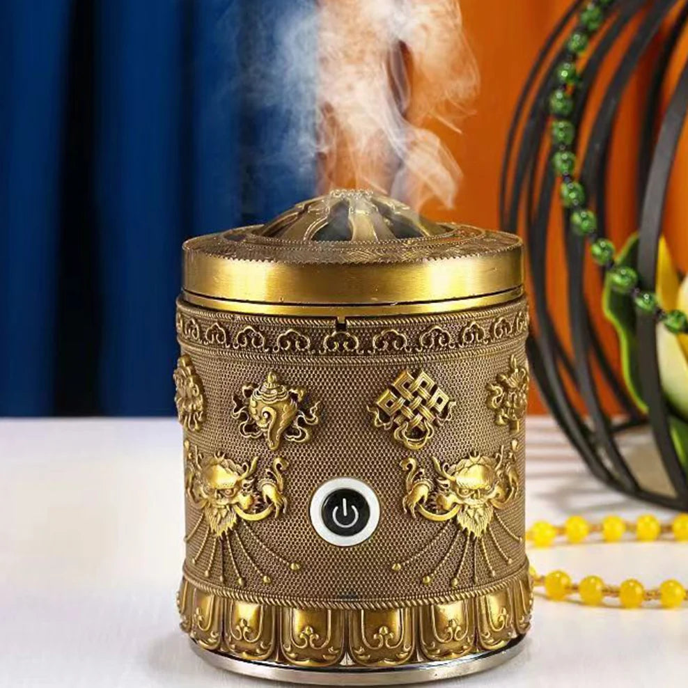 Decorative incense burner with intricate designs and smoke rising, on a white surface.
