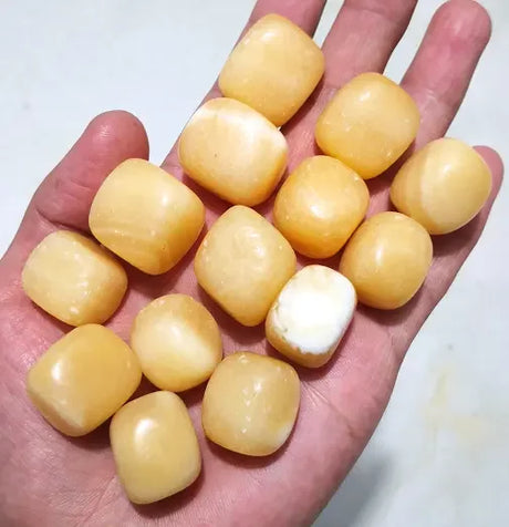 Hand holding a small pile of yellowish-white stones or candies on a white background