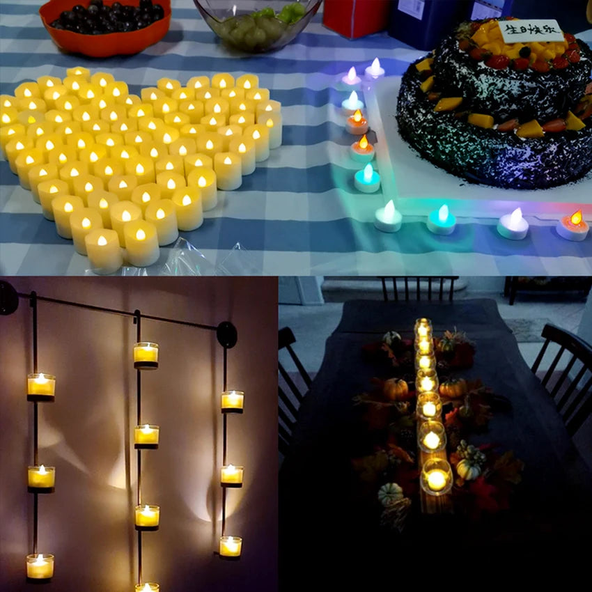 Candles arranged in heart shape, on a cake with candles, and hanging wall decor.