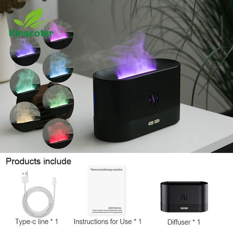 Kinscoter diffuser with colorful lights on a white surface, surrounded by packaging and accessories.