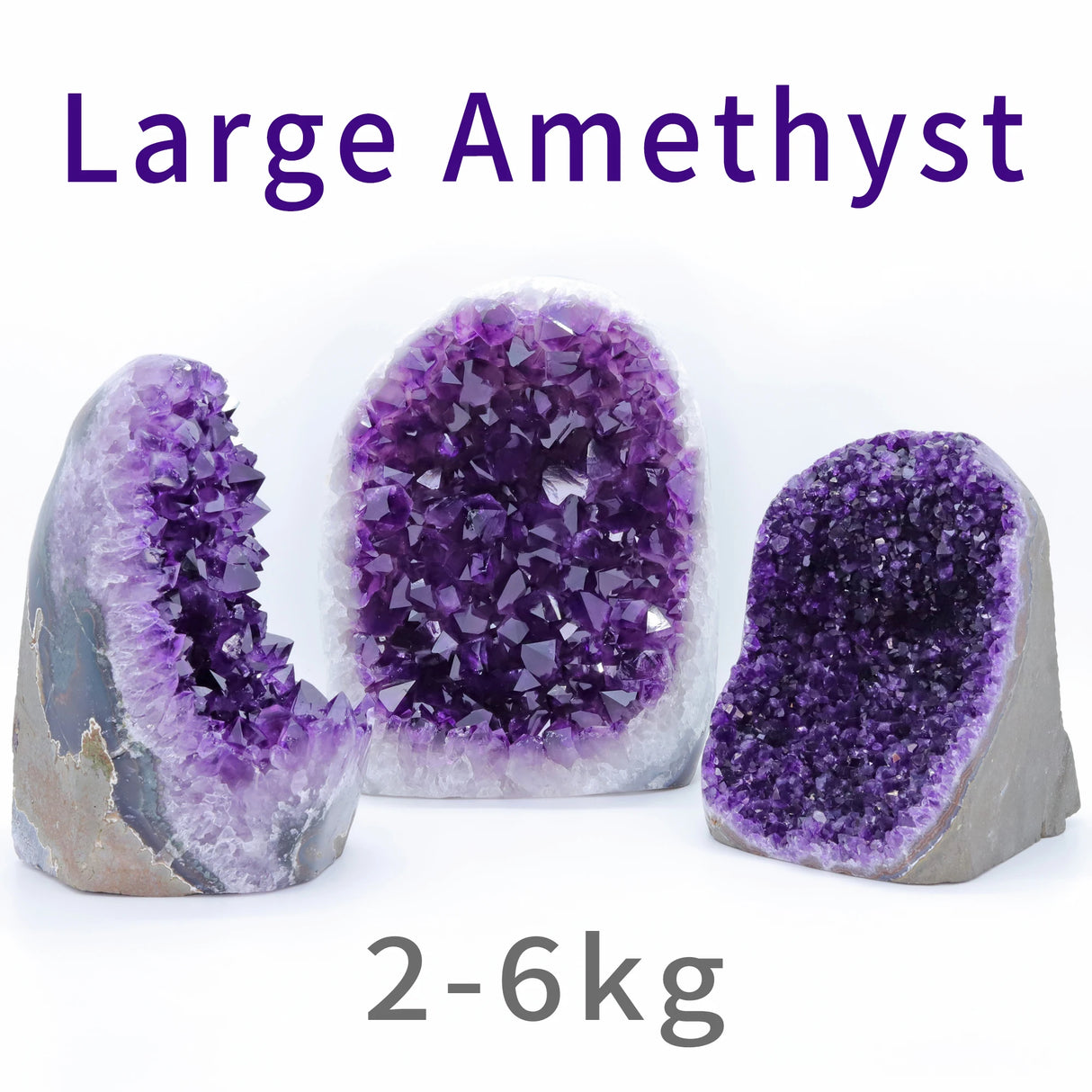 Three large amethyst geodes on a white background with text indicating weight range.