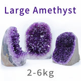 Three large amethyst geodes on a white background with text indicating weight range.