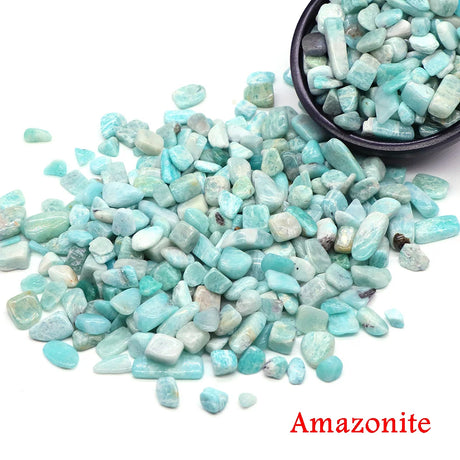 Turquoise-colored stones with a bowl of stones on a white background, labeled 'Amazonite'.
