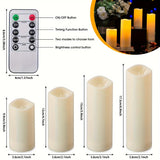 Set of LED candles with remote control and dimensions displayed.