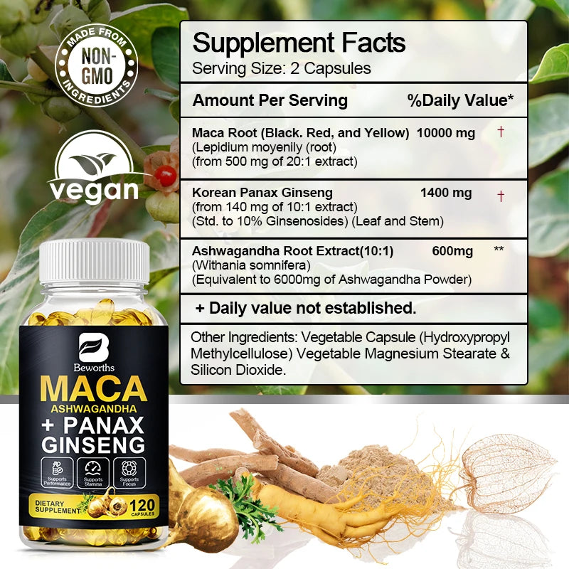 Supplement bottle with maca, panax ginseng, and ashwagandha roots on a natural background
