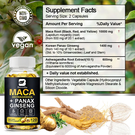 Supplement bottle with maca, panax ginseng, and ashwagandha roots on a natural background
