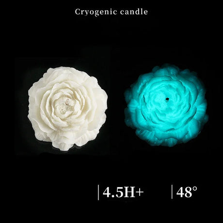 Two cryogenic candles, one white and one glowing blue, on a black background with text indicating properties.