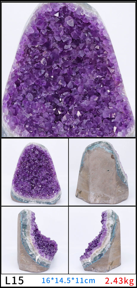 Collage of purple crystal rock with different angles on a white background