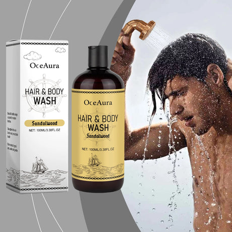 OceAura Hair & Body Wash bottle and packaging with a person showering in the background.