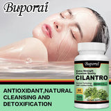 Buporai cilantro supplement bottle with a person in a bathtub and text about antioxidants, cleansing, and detoxification.