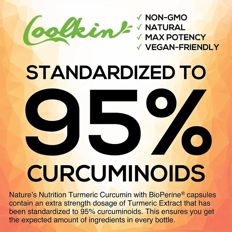 Advertisement for Loolkin Turmeric Curcumin capsules with standardized curcuminoid content on an orange background.