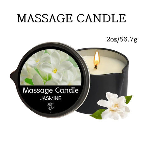 Massage candle with jasmine fragrance, labeled 'Massage Candle Jasmine', on a white background.