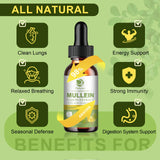 Bottle of mullein liquid extract with benefits listed on a green background