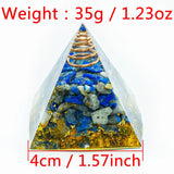Pyramid-shaped object with stones and a spring, labeled with weight and dimensions.