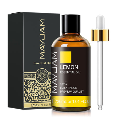 MayJam Lemon Essential Oil bottle with dropper and packaging on a white background