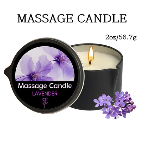 Massage candle with lavender scent in a black tin, surrounded by purple flowers on a white background.