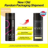 Two Sevich hair building fiber bottles with packaging changes highlighted on a yellow background.