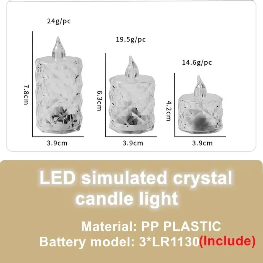LED simulated crystal candle lights with dimensions and material details on a white background