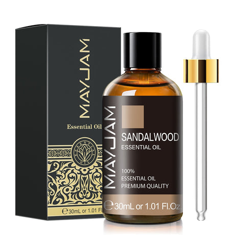 MayJam Sandalwood essential oil bottle with dropper and packaging on a white background