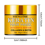 Yellow jar of Youngcome Keratin Hair Mask with dimensions on a white background