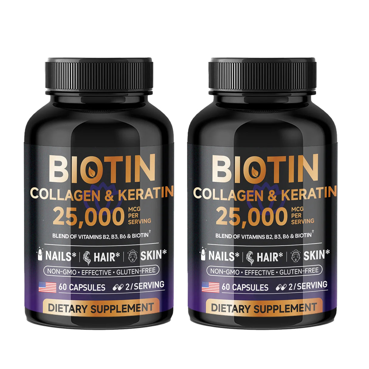 Two bottles of biotin dietary supplements on a white background