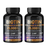 Two bottles of biotin dietary supplements on a white background