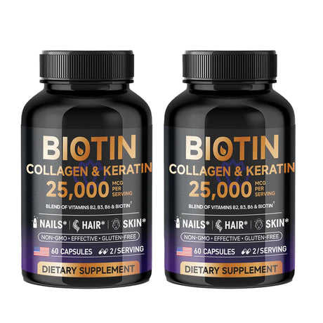 Two bottles of biotin dietary supplements on a white background