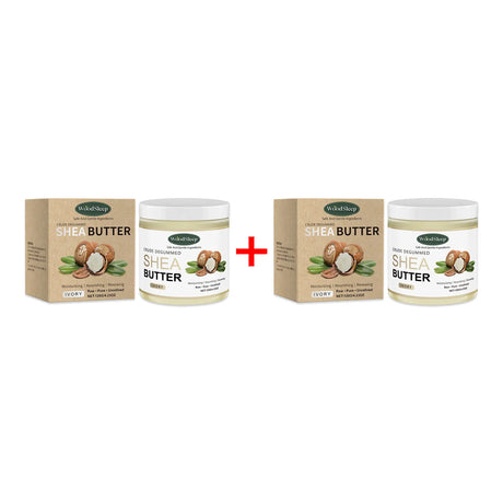 Two containers of shea butter with packaging on a white background