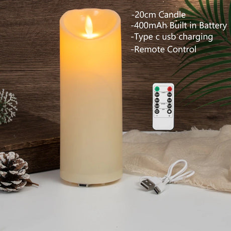 Flickering candle with remote control and USB cable on a wooden surface