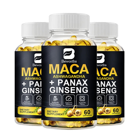 Three bottles of Beworths Maca Ashwagandha + Panax Ginseng dietary supplements on a white background.