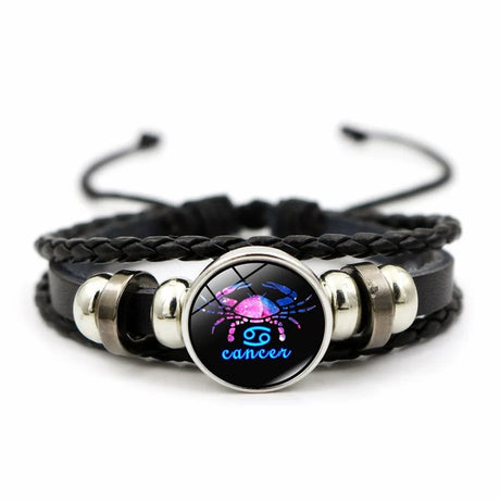 Bracelet with Cancer zodiac symbol on a black braided strap
