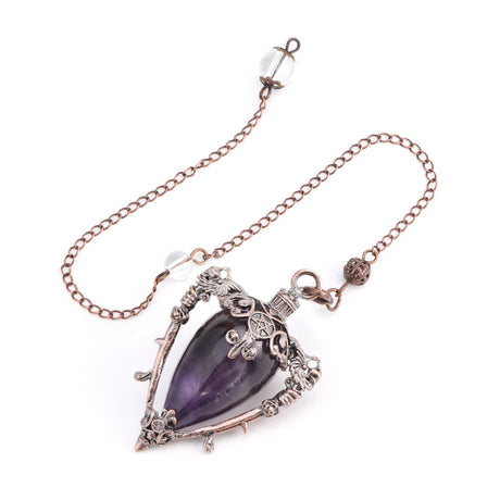 Purple teardrop pendant necklace with intricate design on a white background