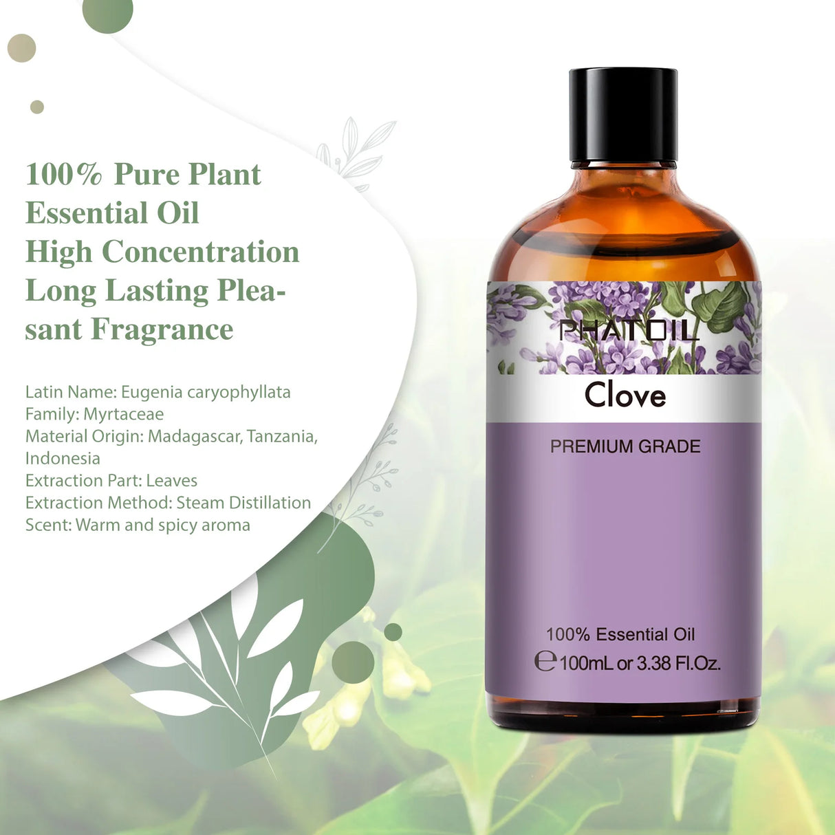 Clove essential oil bottle with label on a green and white background