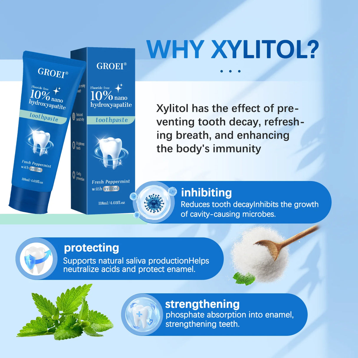 GROEI Xylitol toothpaste packaging with benefits listed on a blue background