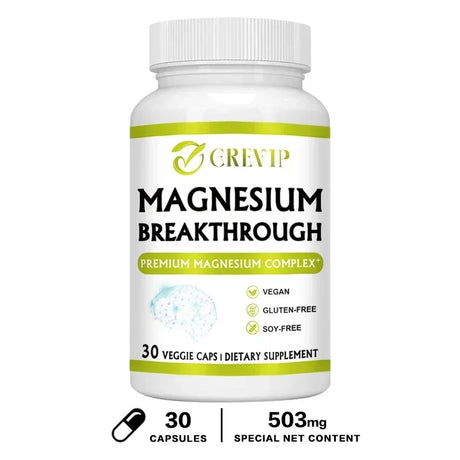 Supplement bottle labeled 'Magnesium Breakthrough' with Crevp branding on a white background