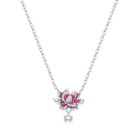 Necklace with a pink lotus flower pendant and pearl on a white background