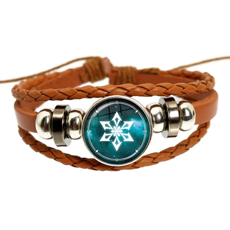 Brown braided leather bracelet with silver beads and a blue circular charm featuring a white snowflake design on a white background.