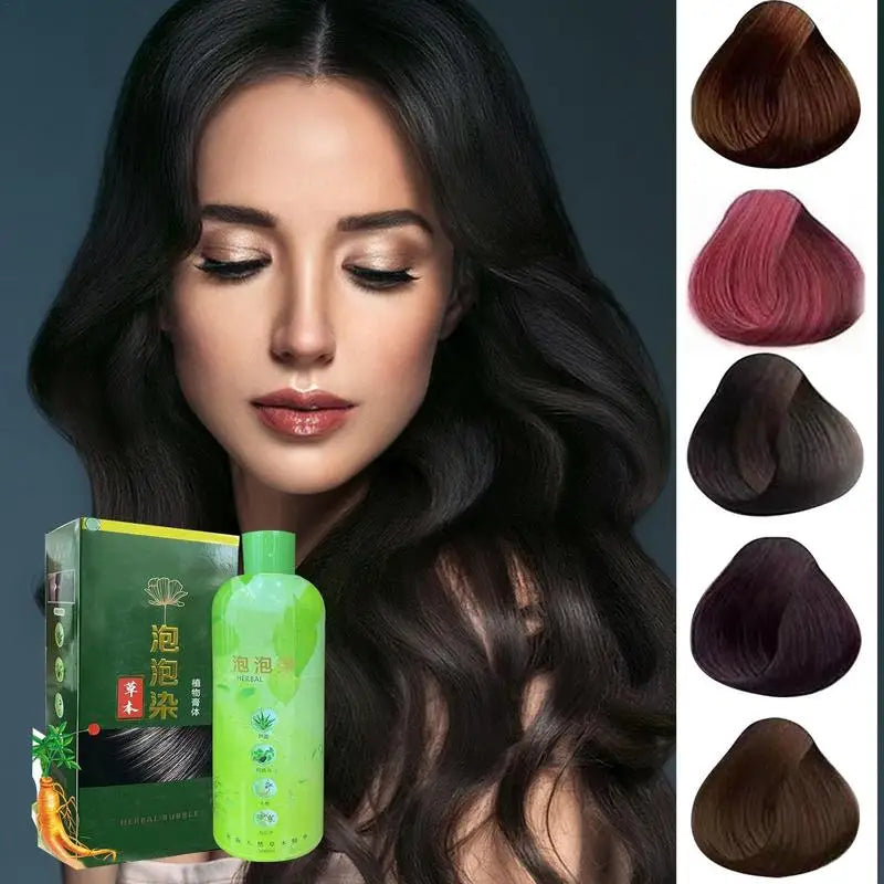 Woman with long dark hair next to a green hair product packaging and color sample chart.