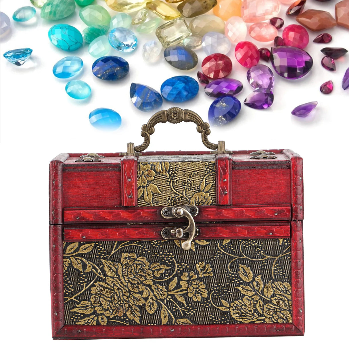 Decorative jewelry box with floral patterns and colorful gemstones on a white background