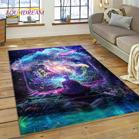 Colorful galaxy-themed rug on a wooden floor in a living room setting.