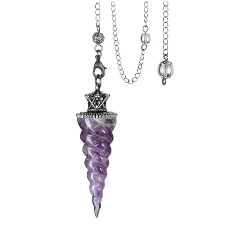 Necklace with a purple spiral pendant on a white background