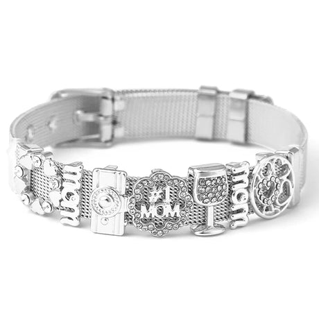 Silver dog collar with decorative charms on a white background