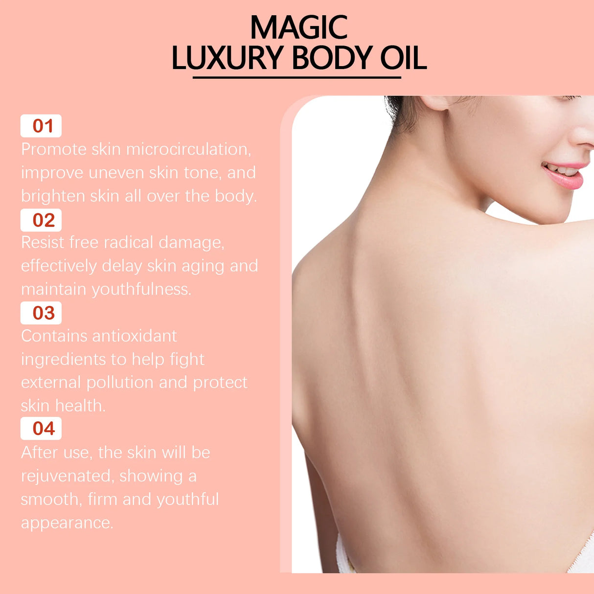 Advertisement for magic luxury body oil with text and a woman's back.