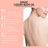 Advertisement for magic luxury body oil with text and a woman's back.
